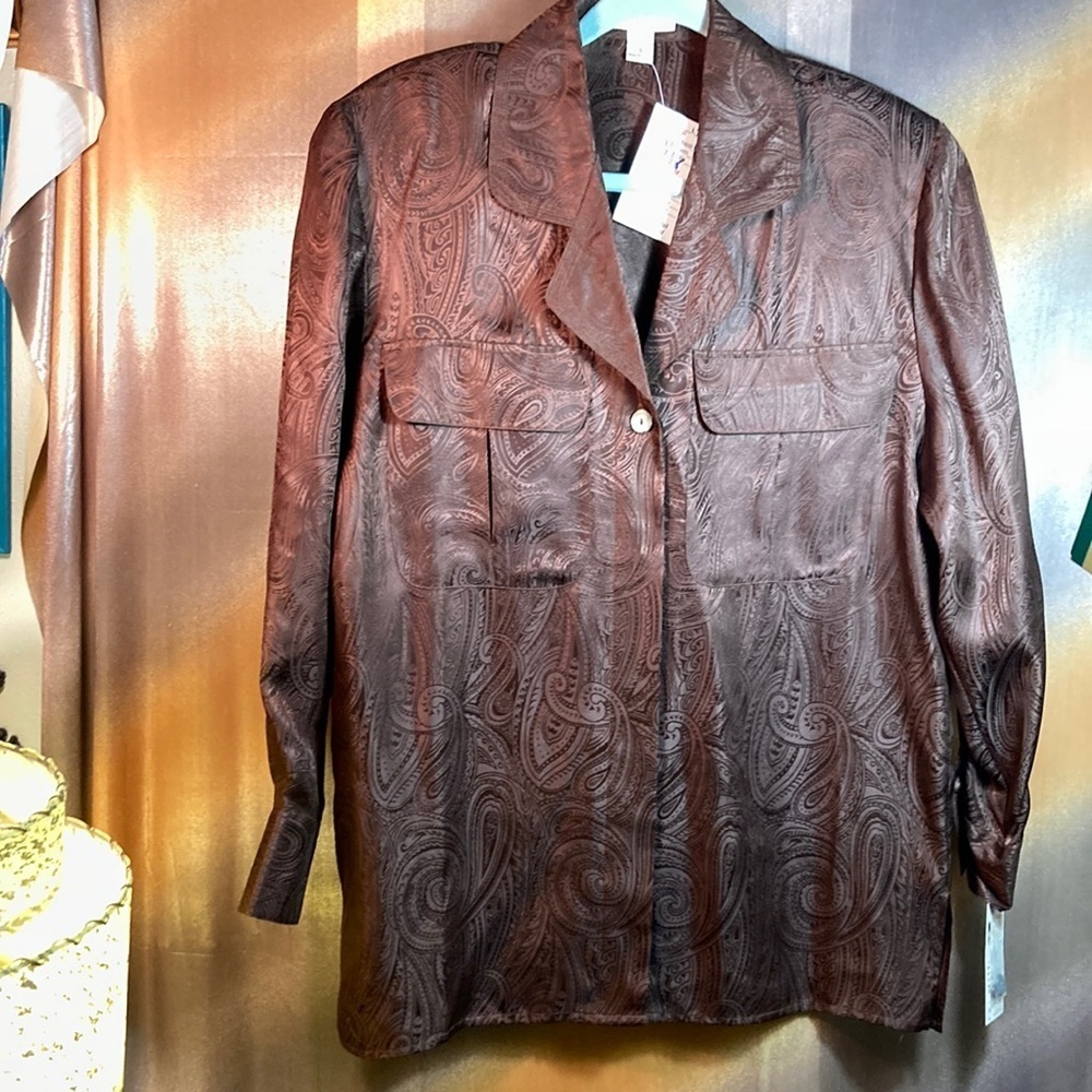 Vintage 90’s brown‎ silk paisley oversized blouse 42” chest. B3